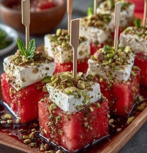 Hot Honey Watermelon Feta Bites with Mint